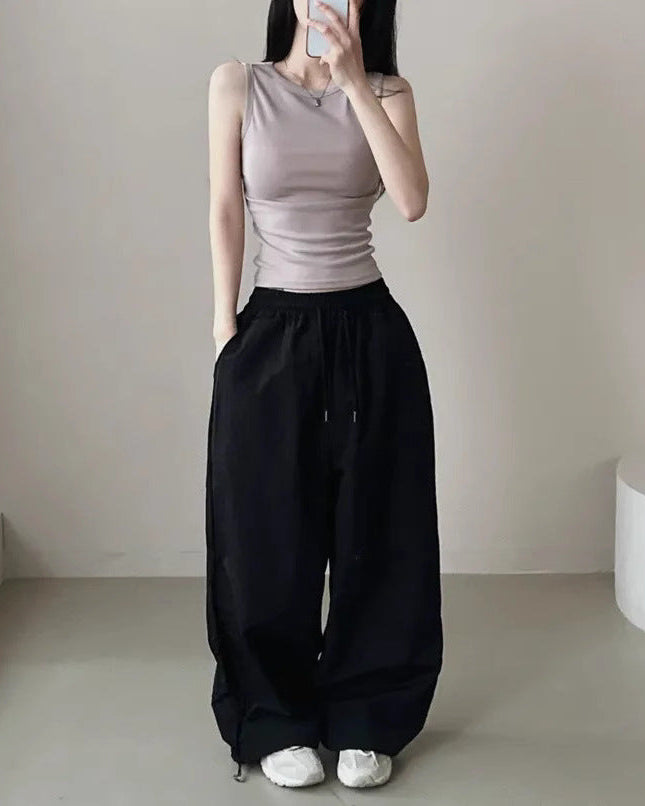 Womens Korean-Style High-Waist Drawstring Wide-Leg Lounge Pants