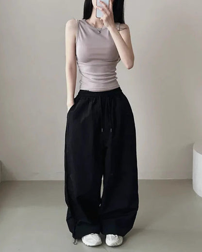 Womens Korean-Style High-Waist Drawstring Wide-Leg Lounge Pants