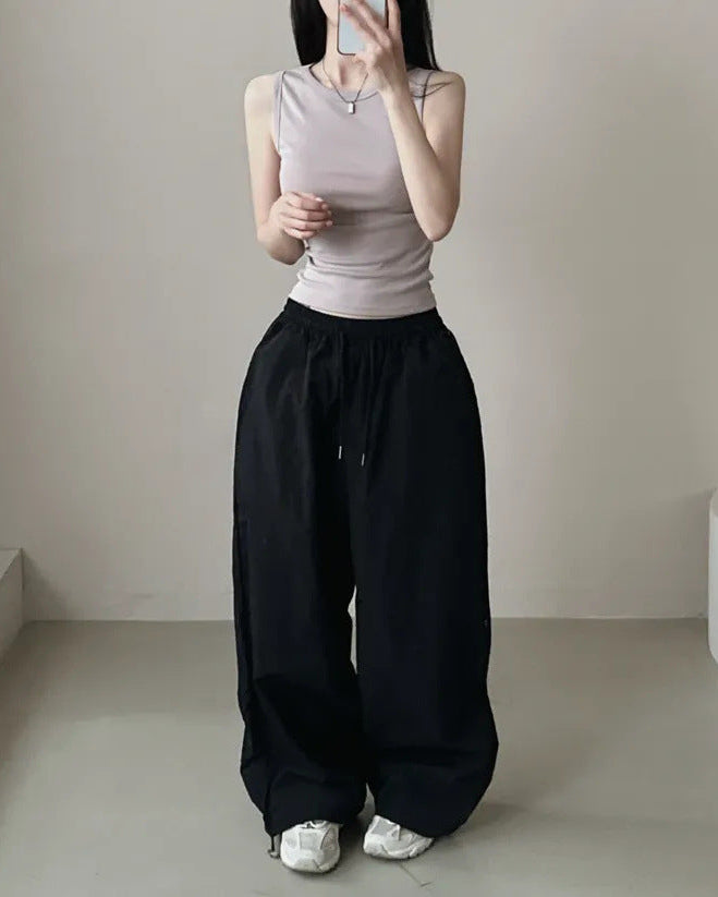 Womens Korean-Style High-Waist Drawstring Wide-Leg Lounge Pants