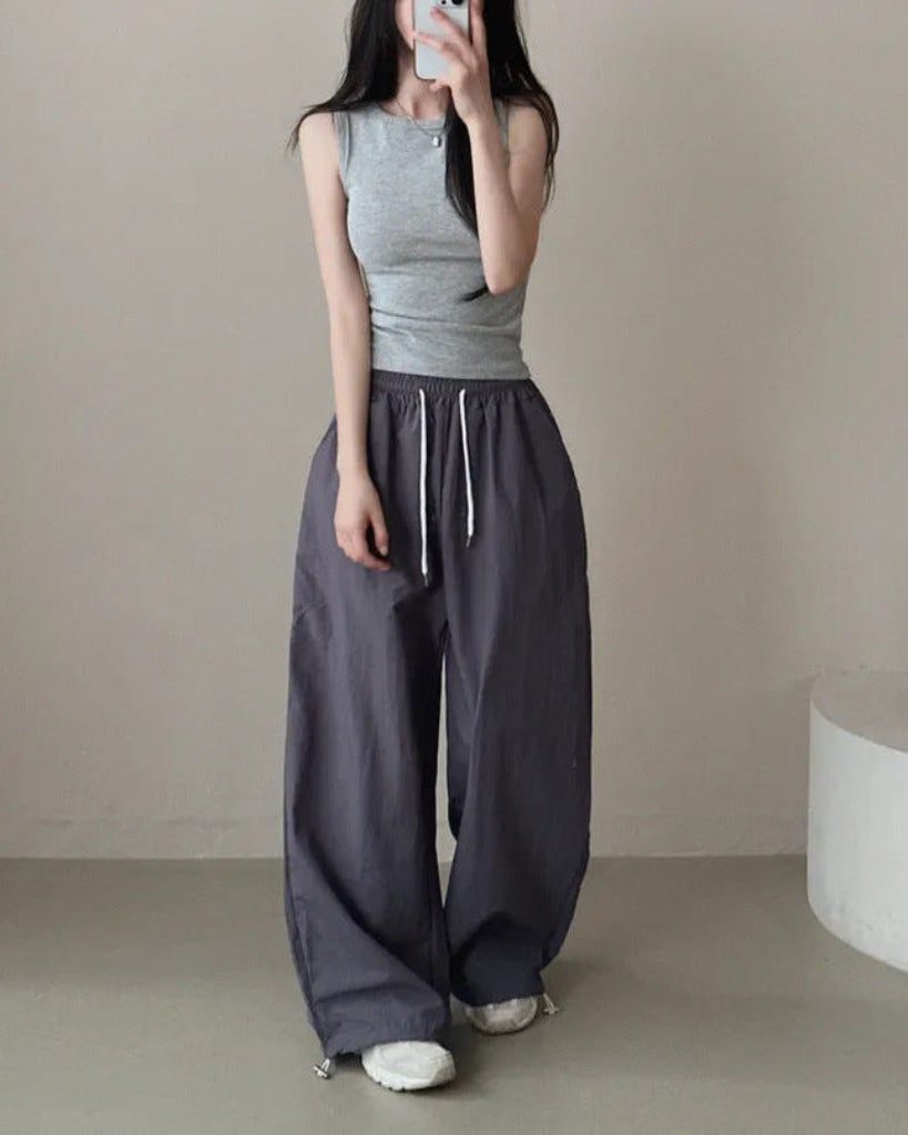 Womens Korean-Style High-Waist Drawstring Wide-Leg Lounge Pants
