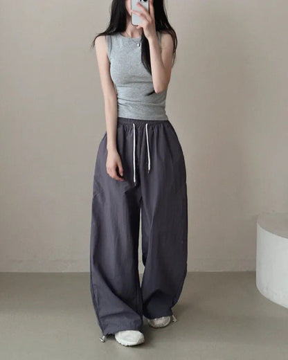 Womens Korean-Style High-Waist Drawstring Wide-Leg Lounge Pants