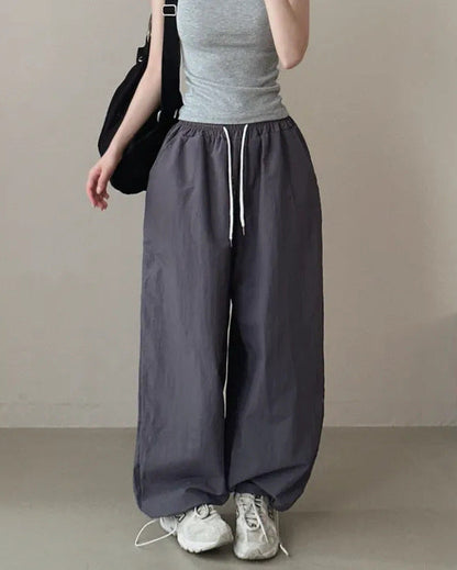 Womens Korean-Style High-Waist Drawstring Wide-Leg Lounge Pants