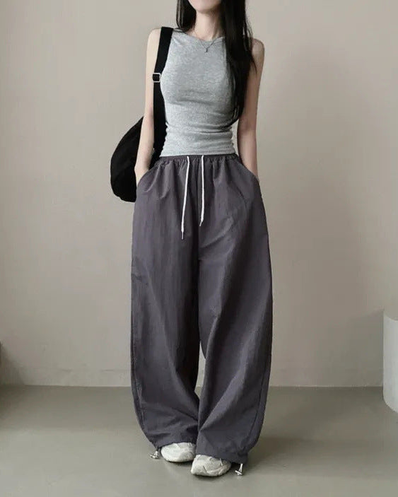 Womens Korean-Style High-Waist Drawstring Wide-Leg Lounge Pants