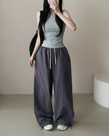 Womens Korean-Style High-Waist Drawstring Wide-Leg Lounge Pants