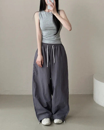 Womens Korean-Style High-Waist Drawstring Wide-Leg Lounge Pants