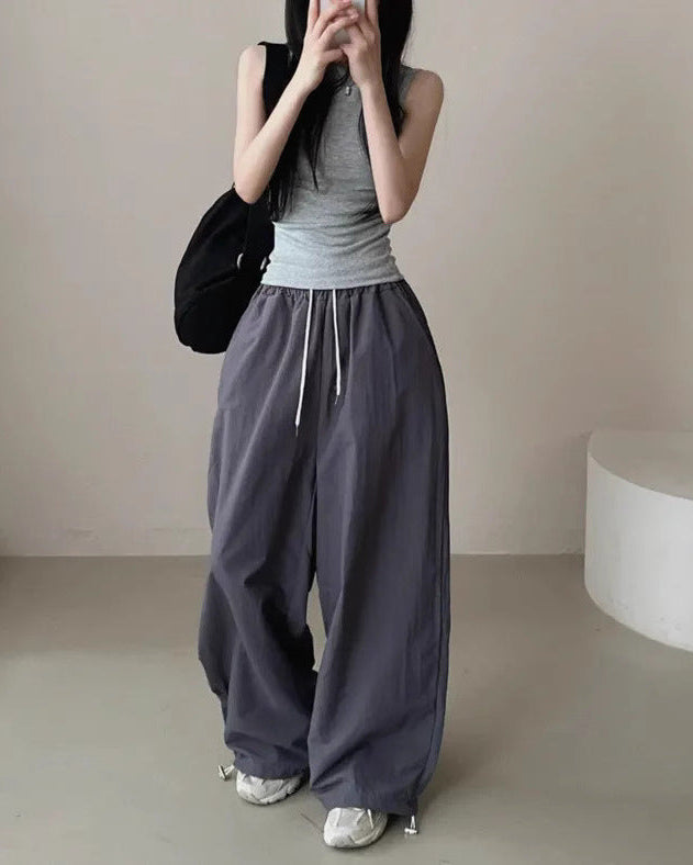 Womens Korean-Style High-Waist Drawstring Wide-Leg Lounge Pants