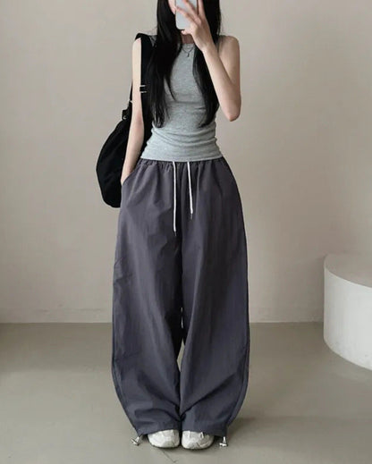 Womens Korean-Style High-Waist Drawstring Wide-Leg Lounge Pants