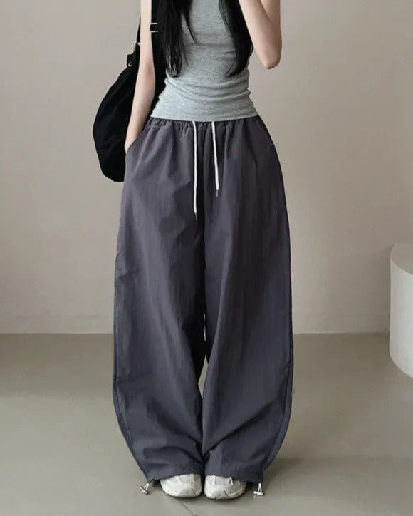 Womens Korean-Style High-Waist Drawstring Wide-Leg Lounge Pants