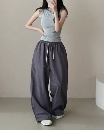 Womens Korean-Style High-Waist Drawstring Wide-Leg Lounge Pants