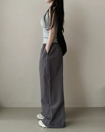 Womens Korean-Style High-Waist Drawstring Wide-Leg Lounge Pants
