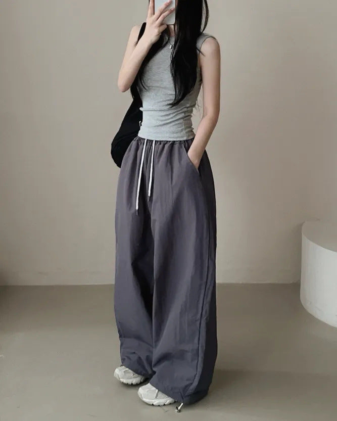 Womens Korean-Style High-Waist Drawstring Wide-Leg Lounge Pants