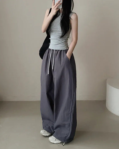 Womens Korean-Style High-Waist Drawstring Wide-Leg Lounge Pants