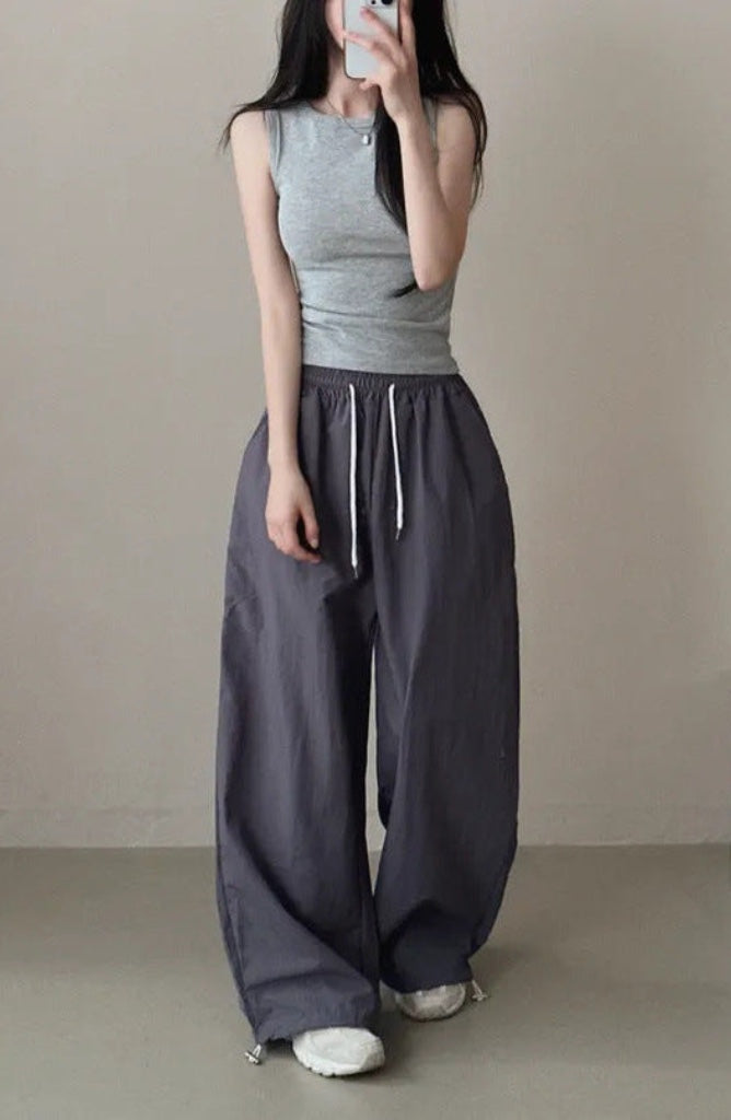 Womens Korean-Style High-Waist Drawstring Wide-Leg Lounge Pants