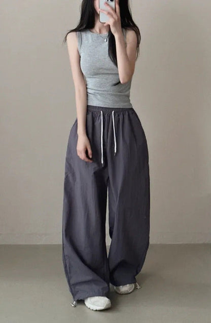 Womens Korean-Style High-Waist Drawstring Wide-Leg Lounge Pants