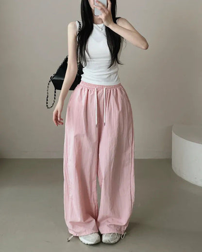 Womens Korean-Style High-Waist Drawstring Wide-Leg Lounge Pants