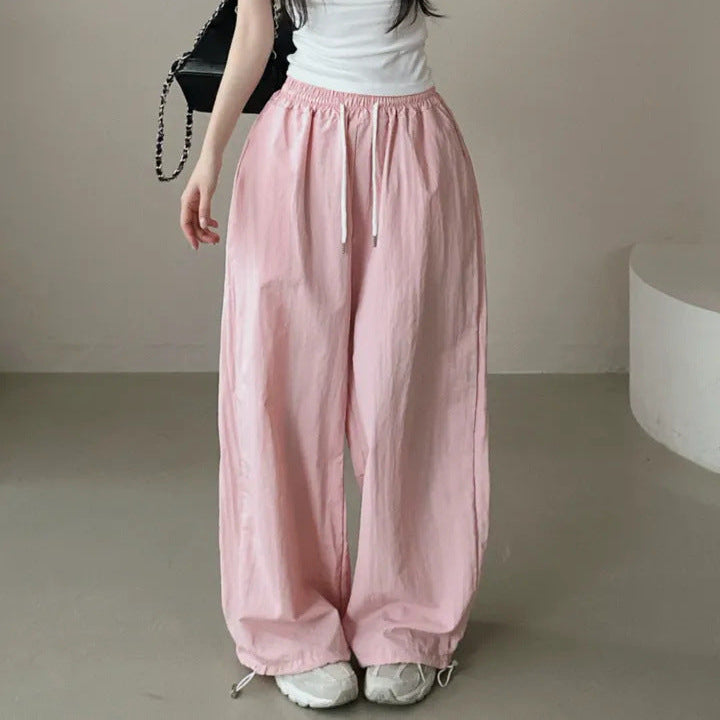 Womens Korean-Style High-Waist Drawstring Wide-Leg Lounge Pants