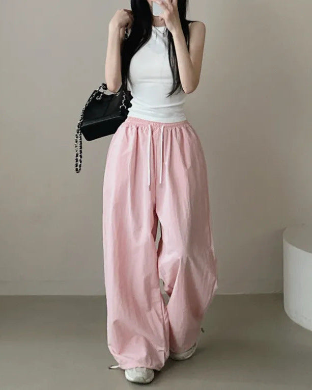 Womens Korean-Style High-Waist Drawstring Wide-Leg Lounge Pants