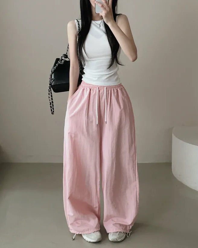 Womens Korean-Style High-Waist Drawstring Wide-Leg Lounge Pants