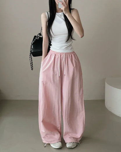 Womens Korean-Style High-Waist Drawstring Wide-Leg Lounge Pants