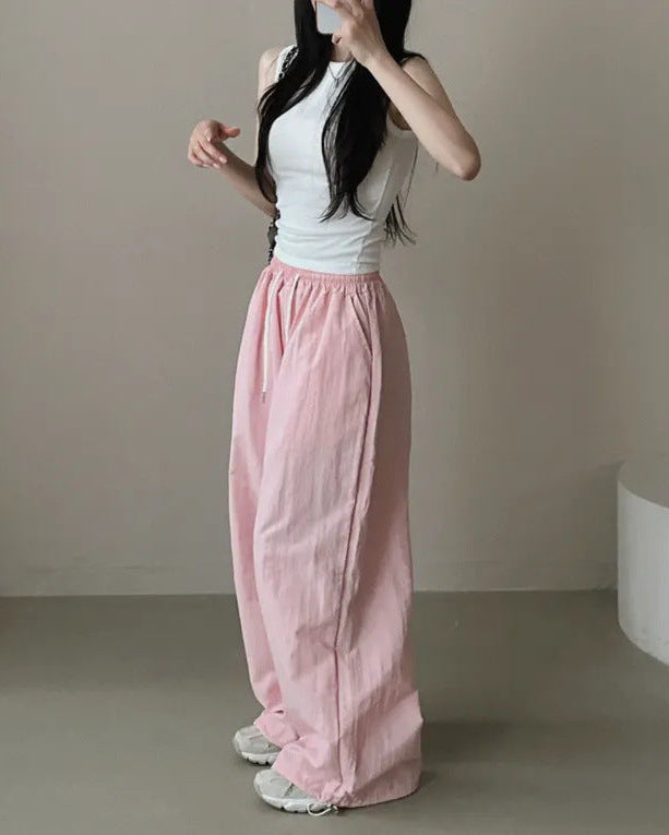 Womens Korean-Style High-Waist Drawstring Wide-Leg Lounge Pants