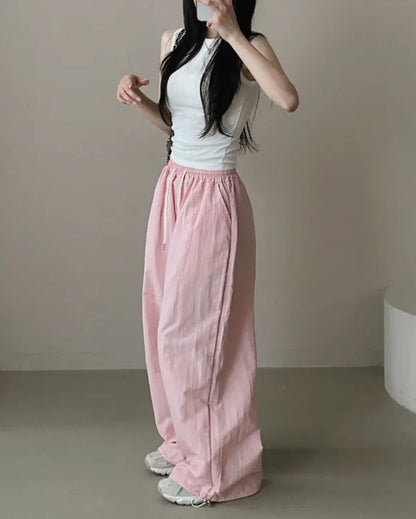 Womens Korean-Style High-Waist Drawstring Wide-Leg Lounge Pants