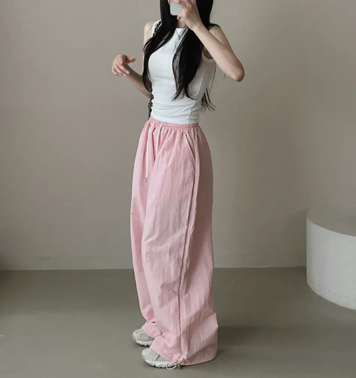 Womens Korean-Style High-Waist Drawstring Wide-Leg Lounge Pants