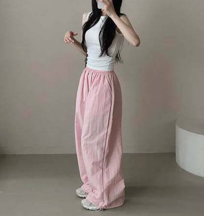 Womens Korean-Style High-Waist Drawstring Wide-Leg Lounge Pants