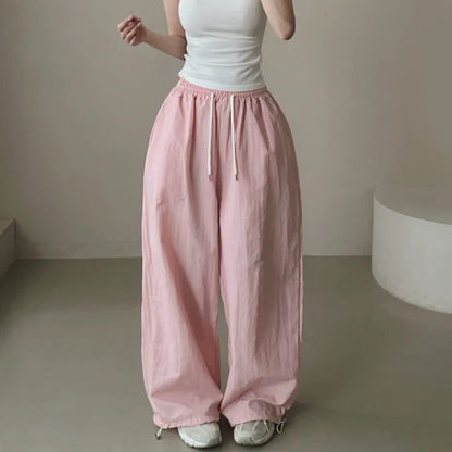 Womens Korean-Style High-Waist Drawstring Wide-Leg Lounge Pants