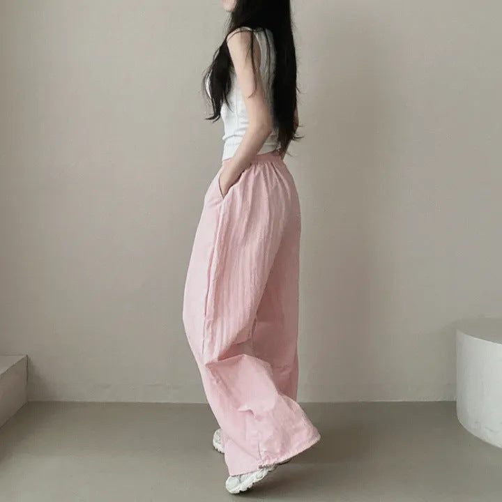 Womens Korean-Style High-Waist Drawstring Wide-Leg Lounge Pants