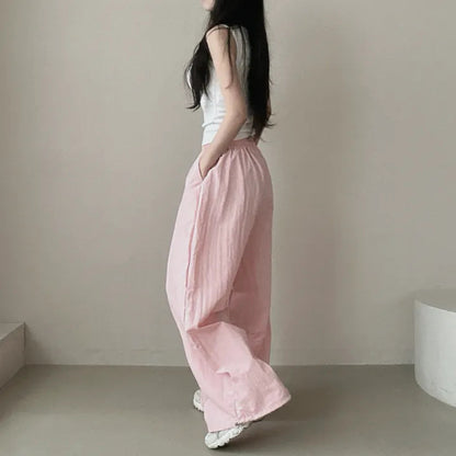 Womens Korean-Style High-Waist Drawstring Wide-Leg Lounge Pants