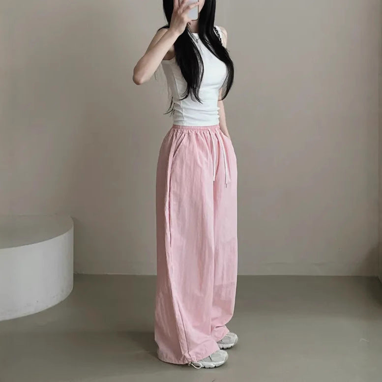 Womens Korean-Style High-Waist Drawstring Wide-Leg Lounge Pants