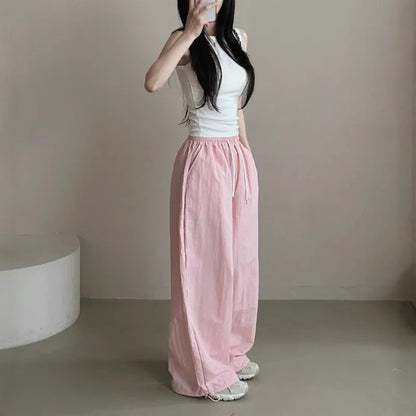 Womens Korean-Style High-Waist Drawstring Wide-Leg Lounge Pants