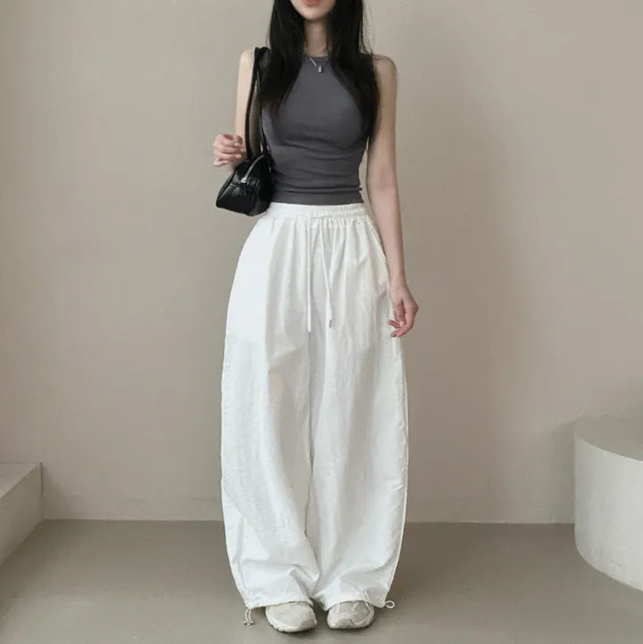 Womens Korean-Style High-Waist Drawstring Wide-Leg Lounge Pants