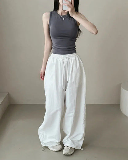 Womens Korean-Style High-Waist Drawstring Wide-Leg Lounge Pants