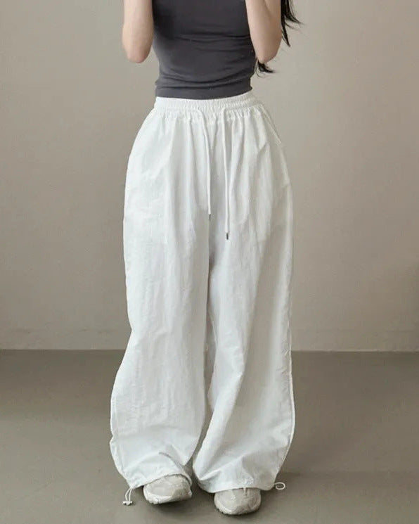 Womens Korean-Style High-Waist Drawstring Wide-Leg Lounge Pants