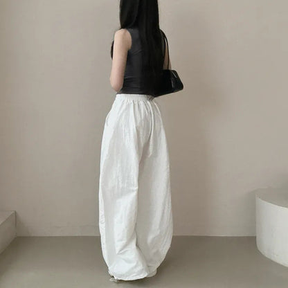 Womens Korean-Style High-Waist Drawstring Wide-Leg Lounge Pants