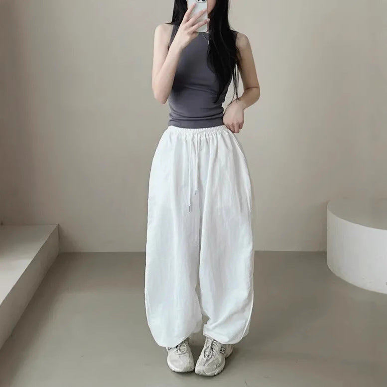 Womens Korean-Style High-Waist Drawstring Wide-Leg Lounge Pants