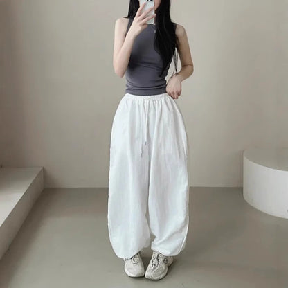 Womens Korean-Style High-Waist Drawstring Wide-Leg Lounge Pants