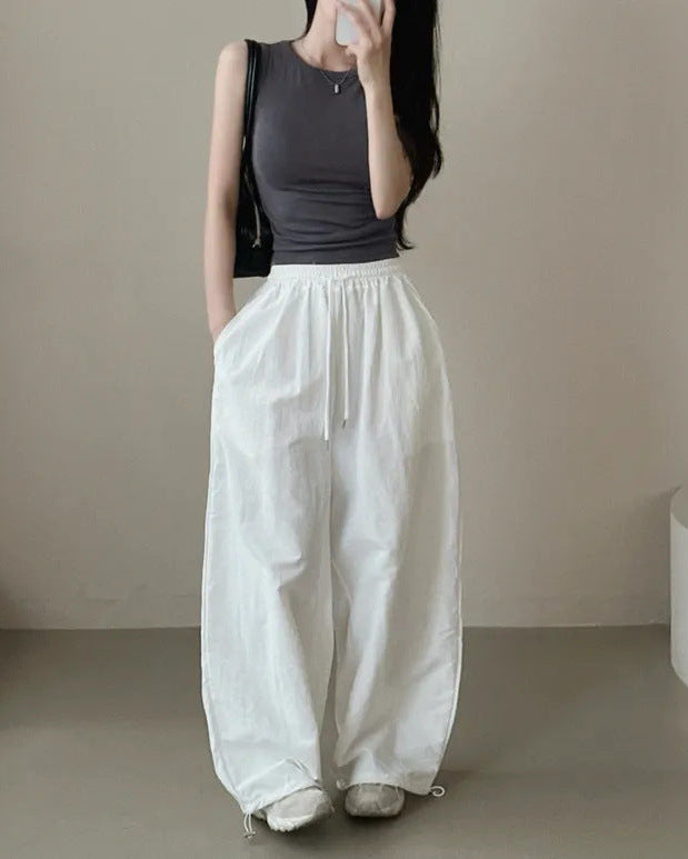 Womens Korean-Style High-Waist Drawstring Wide-Leg Lounge Pants