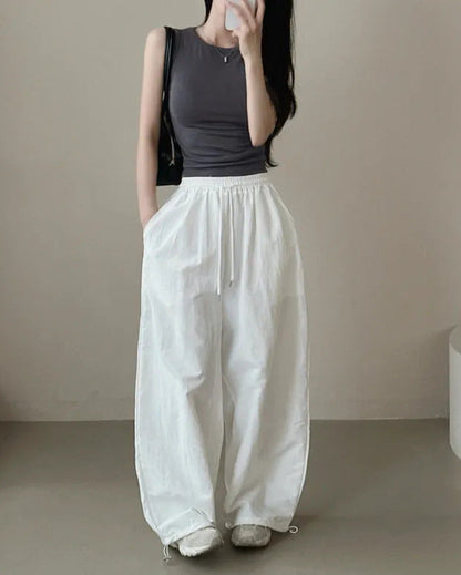 Womens Korean-Style High-Waist Drawstring Wide-Leg Lounge Pants