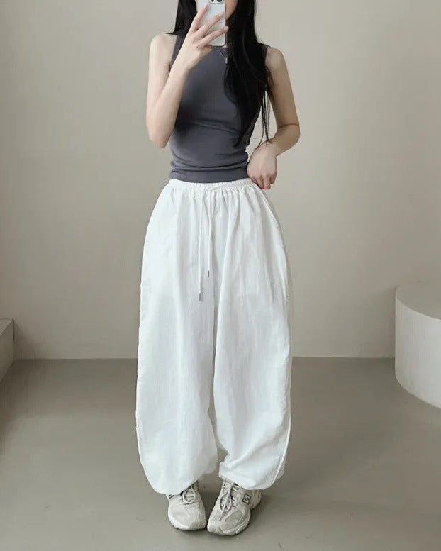Womens Korean-Style High-Waist Drawstring Wide-Leg Lounge Pants