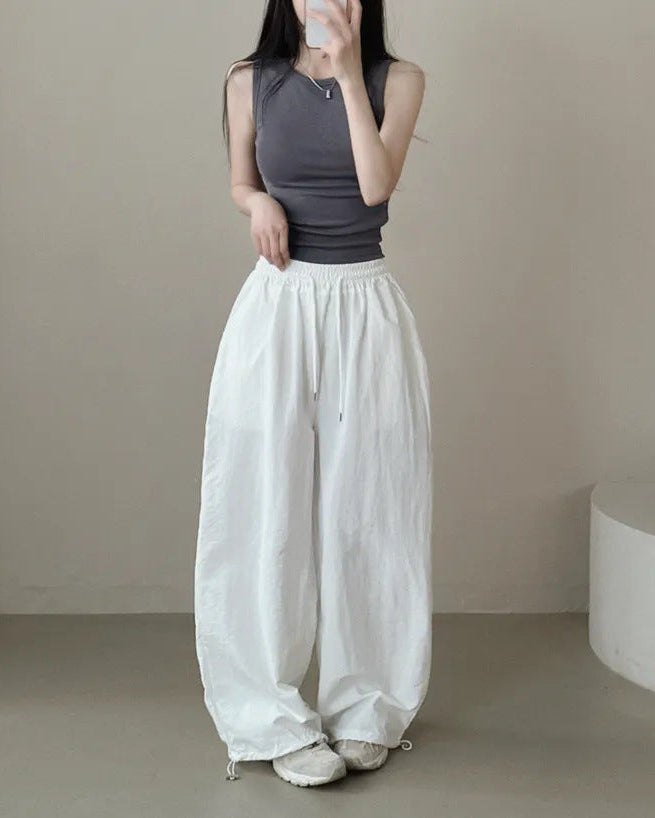Womens Korean-Style High-Waist Drawstring Wide-Leg Lounge Pants