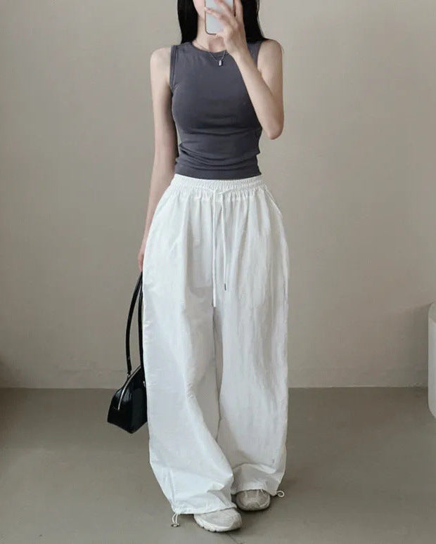 Womens Korean-Style High-Waist Drawstring Wide-Leg Lounge Pants