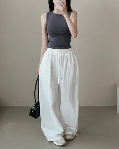 Womens Korean-Style High-Waist Drawstring Wide-Leg Lounge Pants