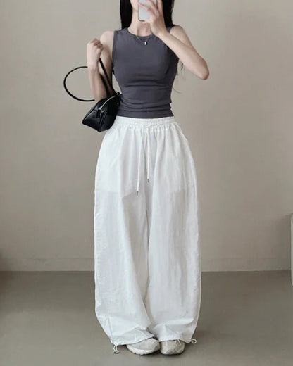 Womens Korean-Style High-Waist Drawstring Wide-Leg Lounge Pants